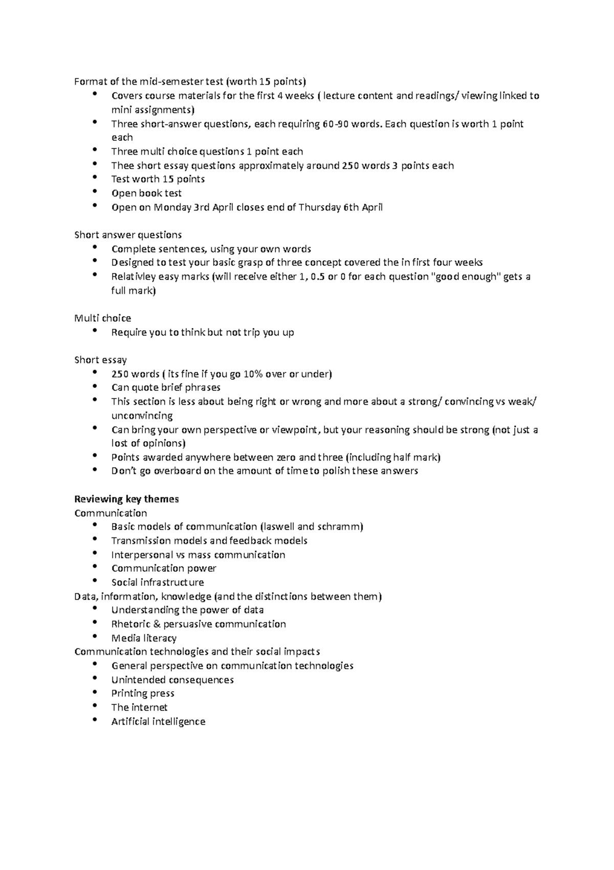 Lecture week 5 notes - Format of the mid-semester test (worth 15 points ...
