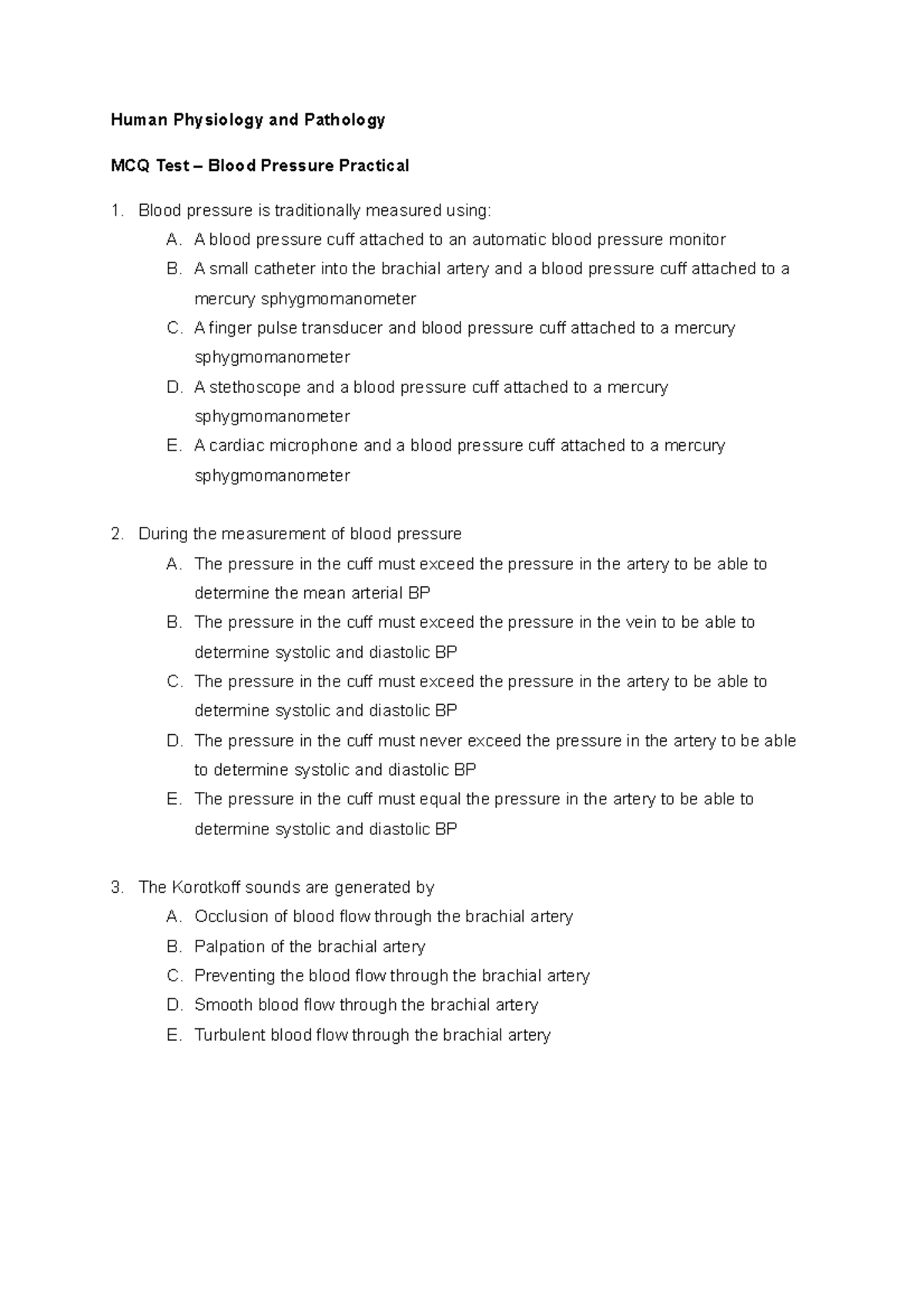 Blood Pressure MCQ Physiology 1 Human Physiology and Pathology MCQ