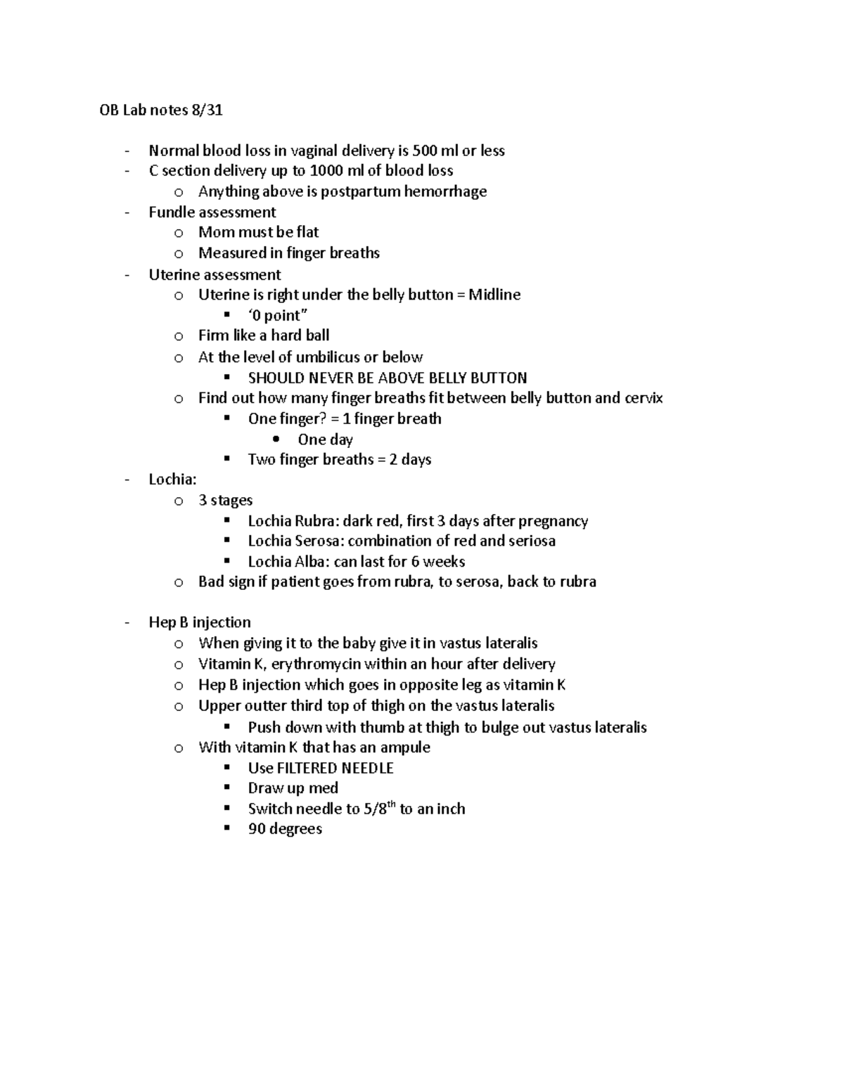 Lab notes 8:31 - N/A - OB Lab notes 8/ Normal blood loss in vaginal ...