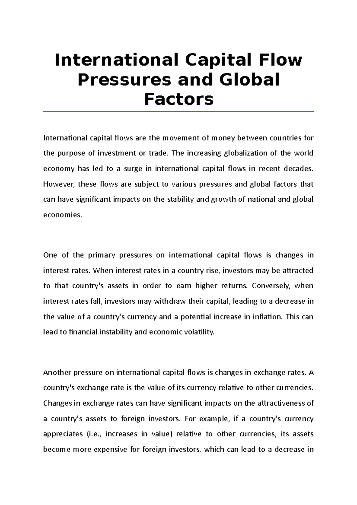 International Capital Flow Pressures and Global Factors International Capital Flow Pressures
