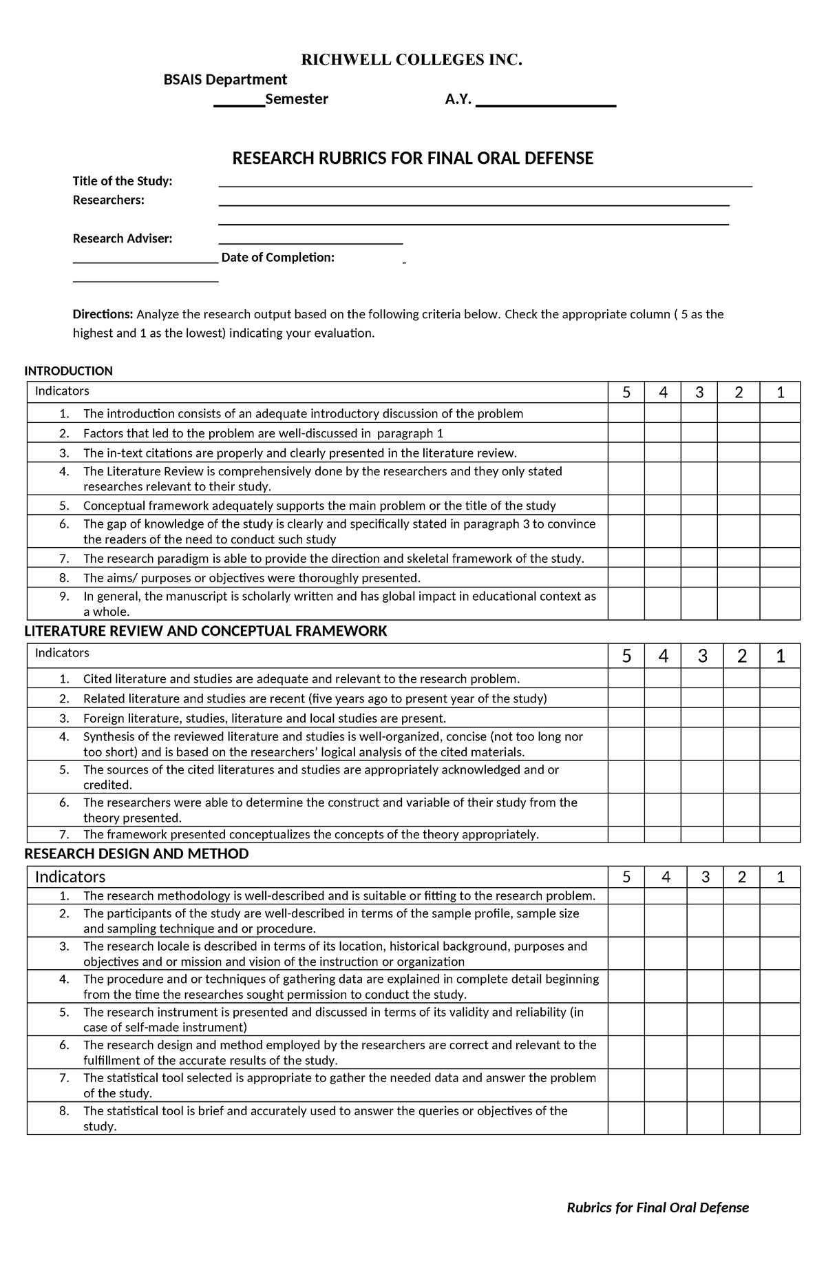 Form 5b Research Rubrics Final Oral Defense - RICHWELL COLLEGES INC ...