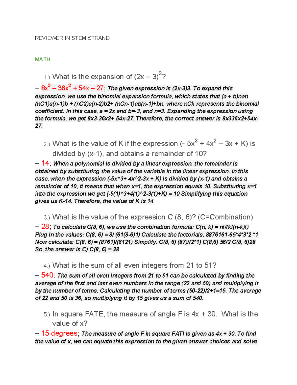 Reviewer IN STEM Strand - REVIEWER IN STEM STRAND MATH 1.) What is the ...