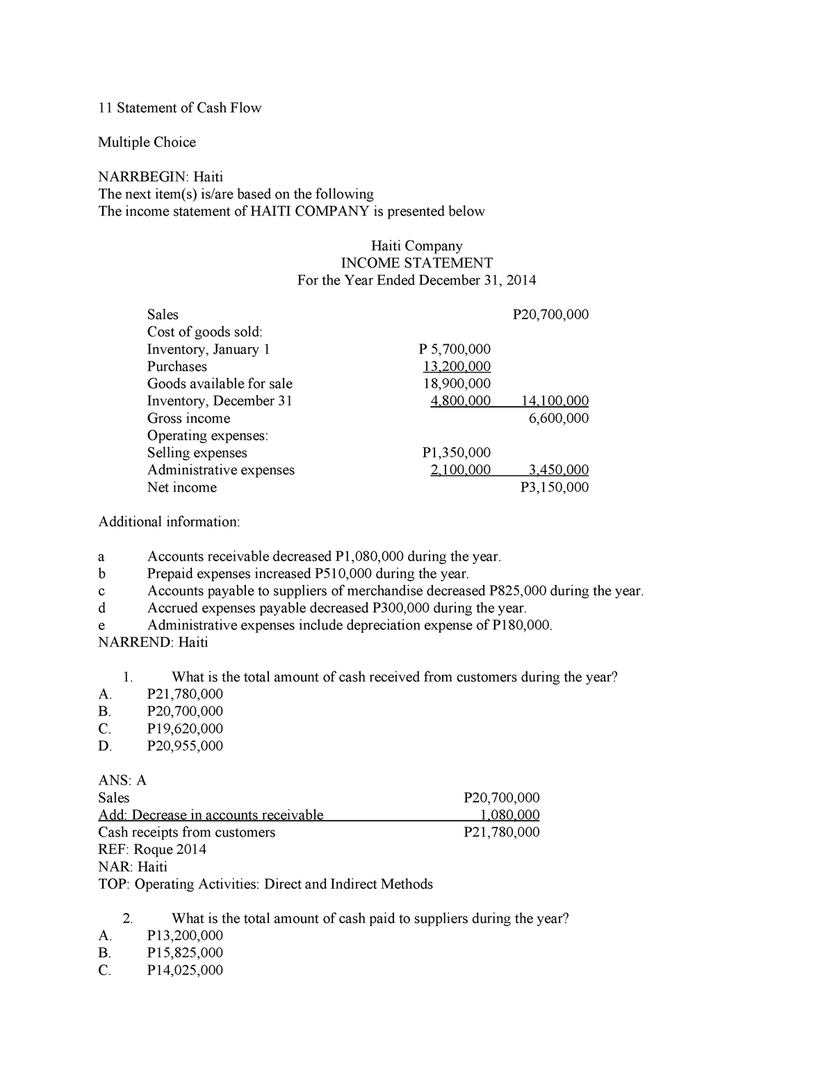 419792224 11 Statement Of Cash Flow 11 Statement Of Cash Flow Multiple Choice Narrbegin Haiti