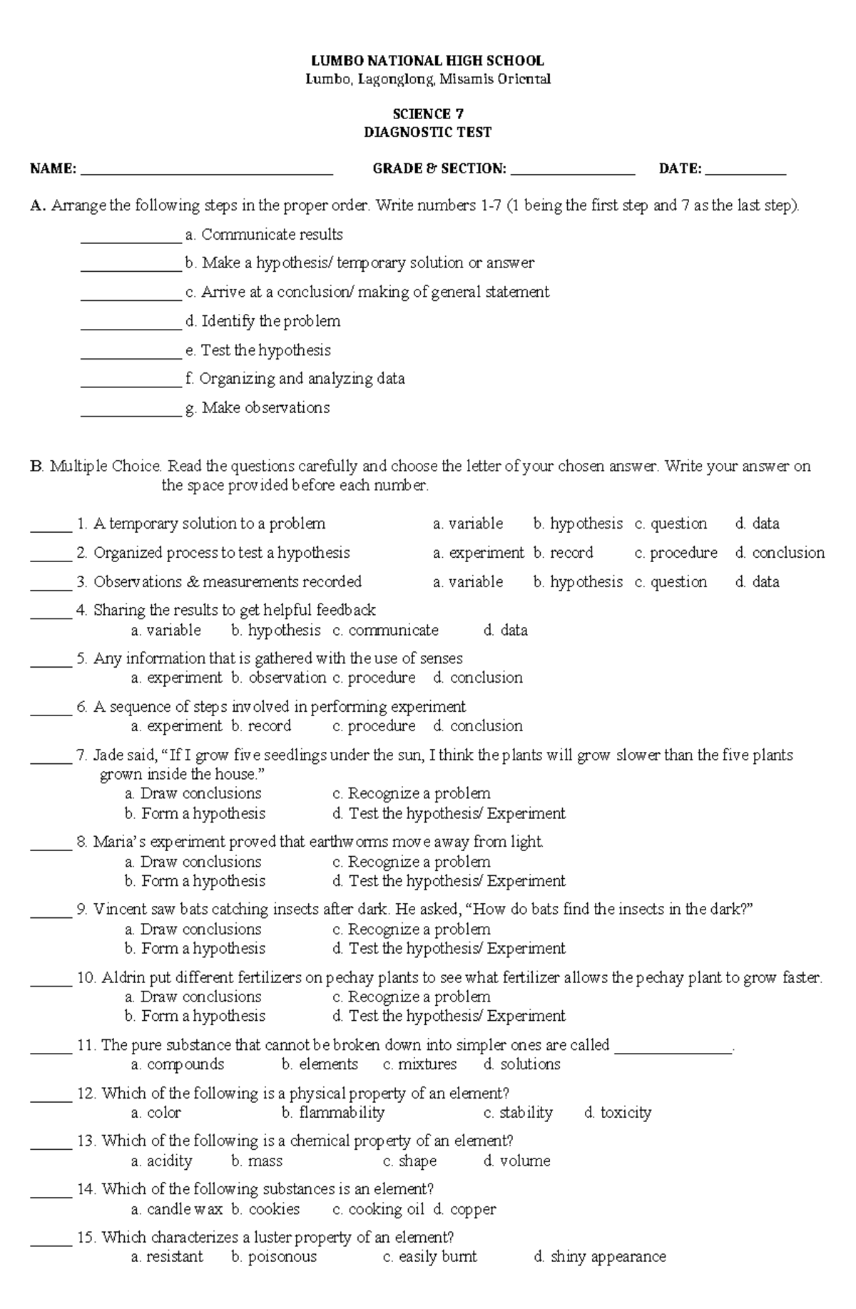 first Quarter exam - LUMBO NATIONAL HIGH SCHOOL Lumbo, Lagonglong ...