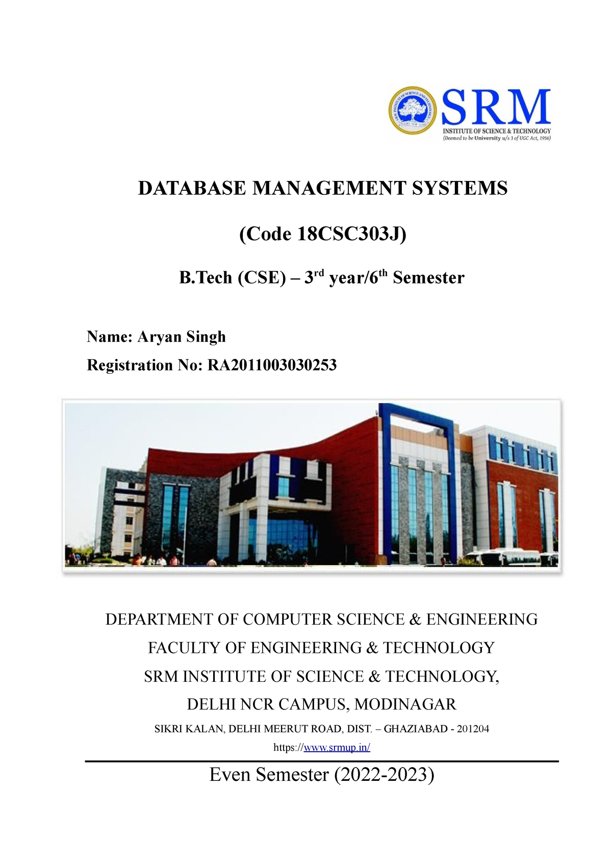 DBMS File-1 - DATABASE MANAGEMENT SYSTEMS (Code 18CSC303J) B (CSE ...