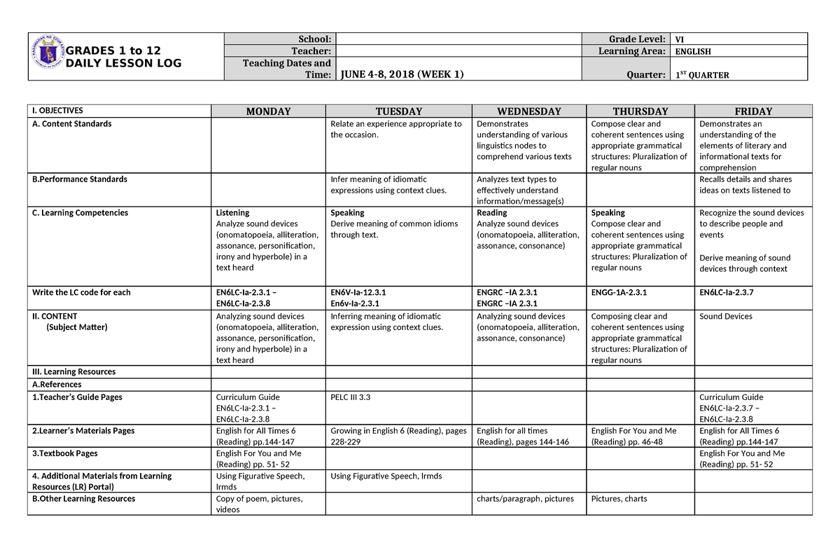 DLL English 6 Q1 W1 - Lessonplan - GRADES 1 To 12 DAILY LESSON LOG ...