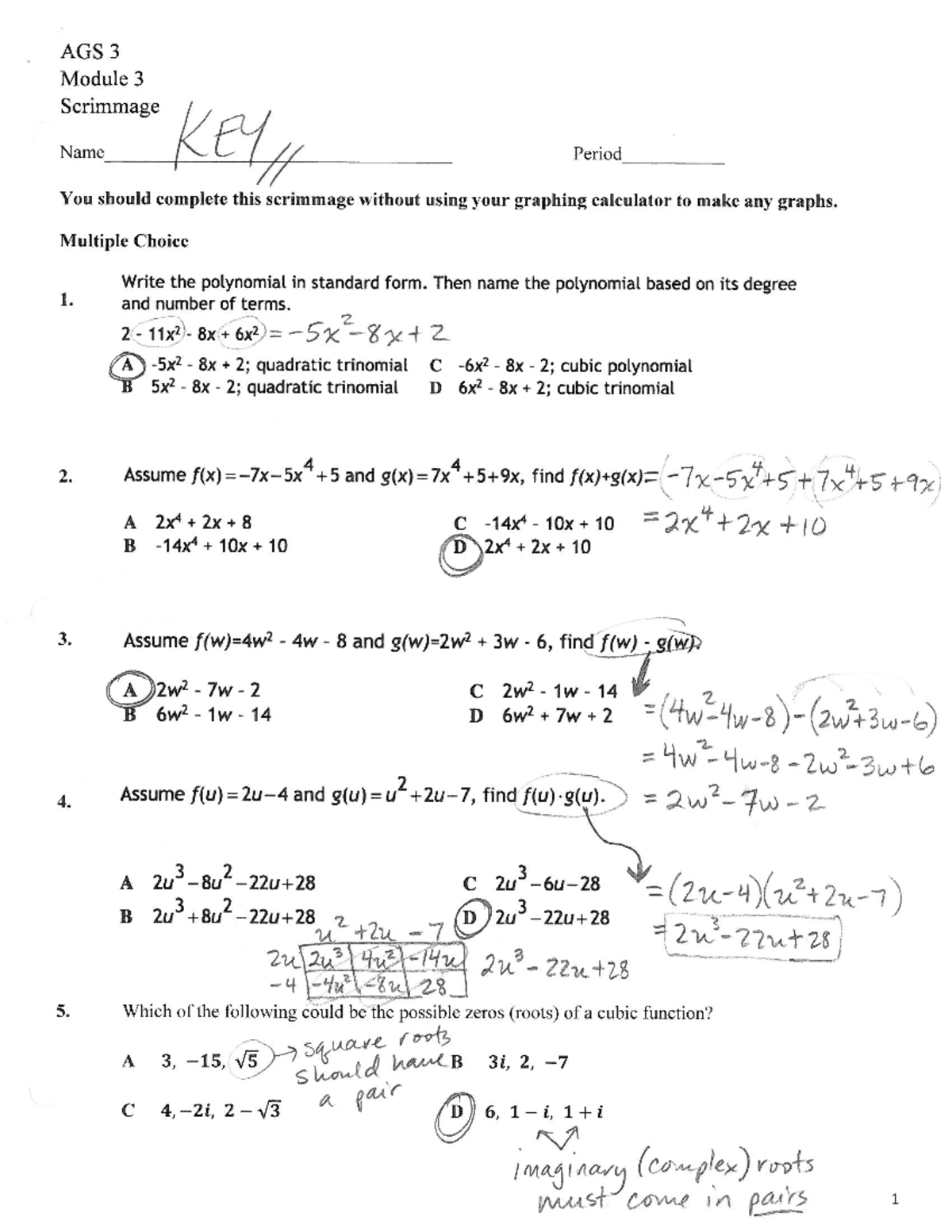 Mod 3 Part 2 Test Review Key - AGS 3 Module 3 Scrimmage Name KEY Period ...