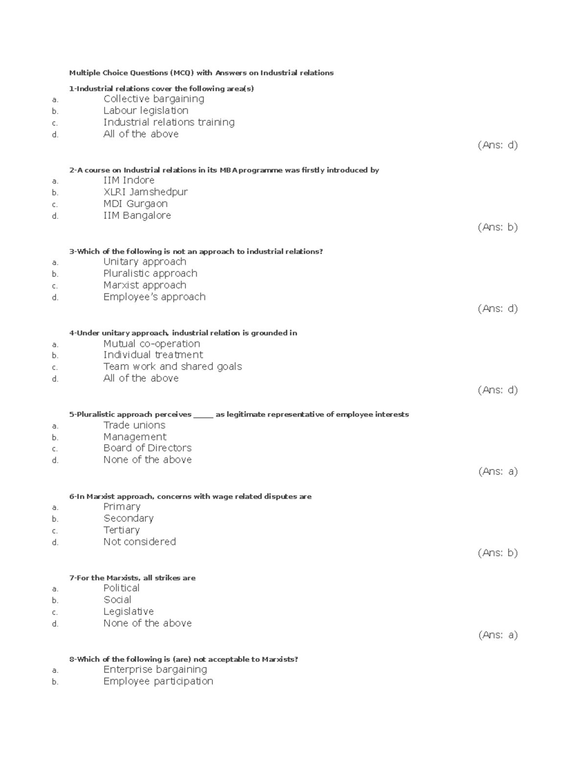 Practice materials Multiple Choice Questions (MCQ) with Answers on