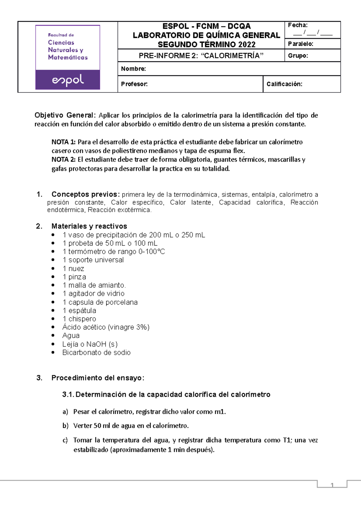 Lab QG P1 2022 Calorimetría - 1 ESPOL - FCNM – DCQA LABORATORIO DE ...