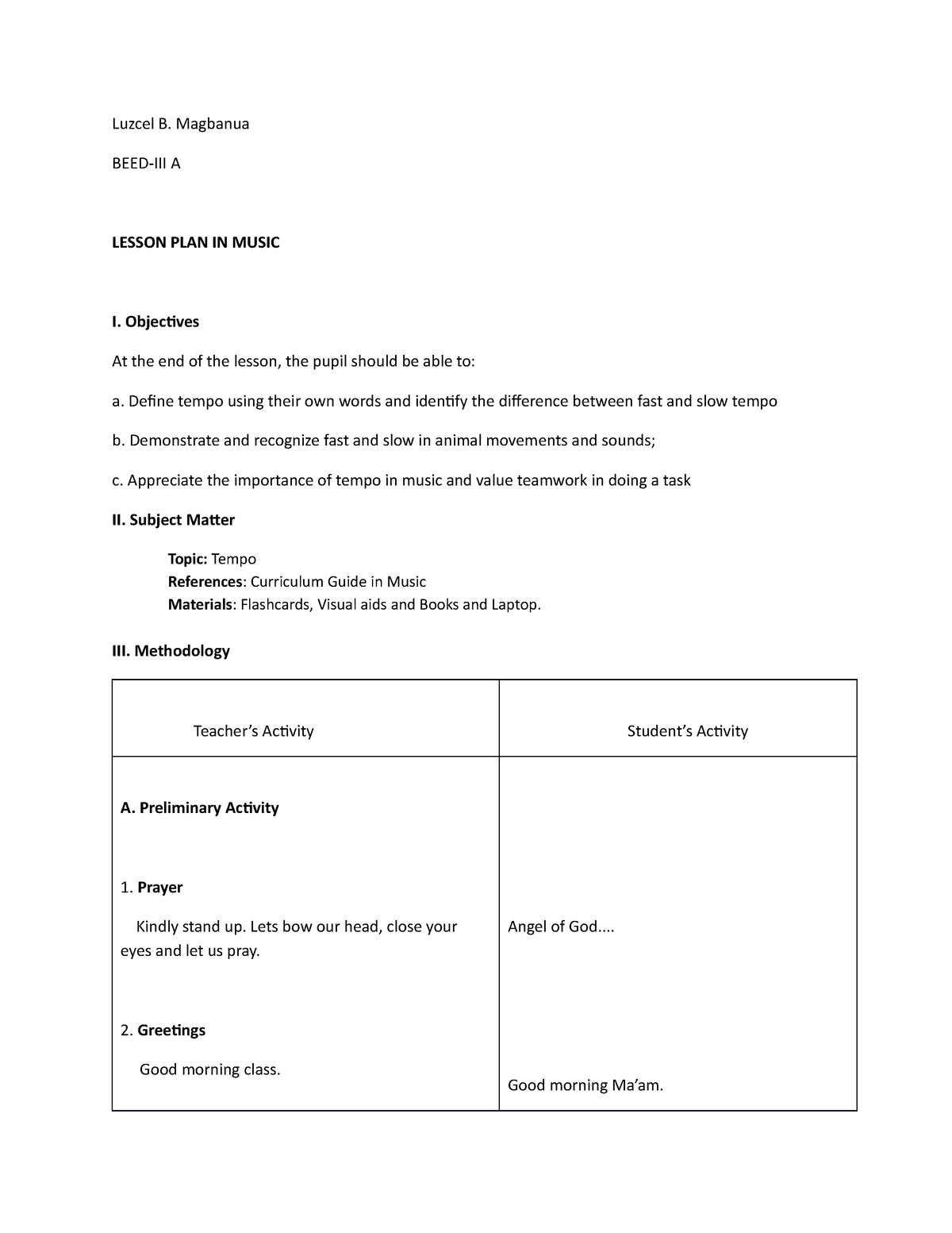 Lesson Plan In Music - Luzcel B. Magbanua Beed-iii A Lesson Plan In 