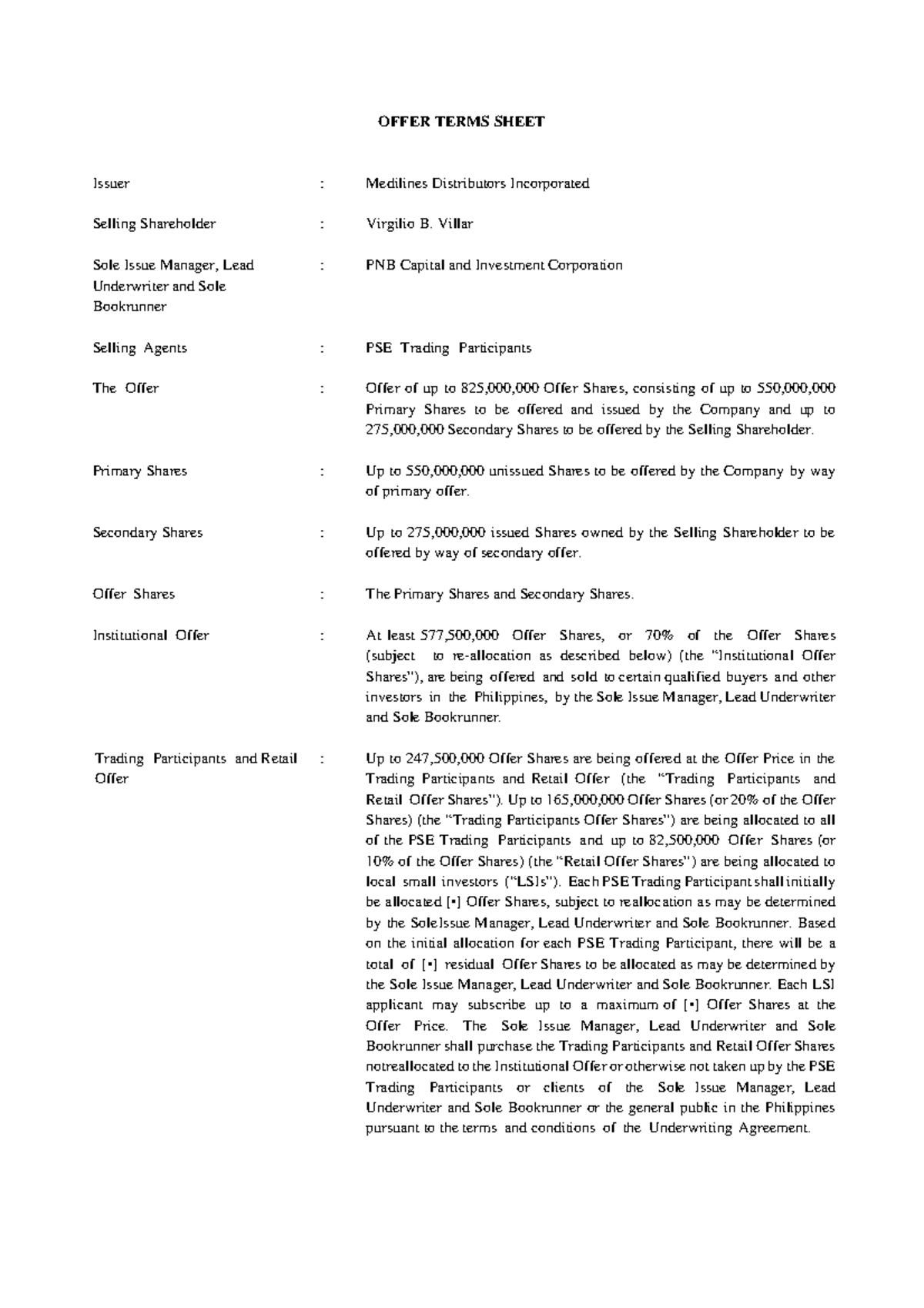 Signed Preliminary Terms of the Offer OFFER TERMS SHEET Issuer
