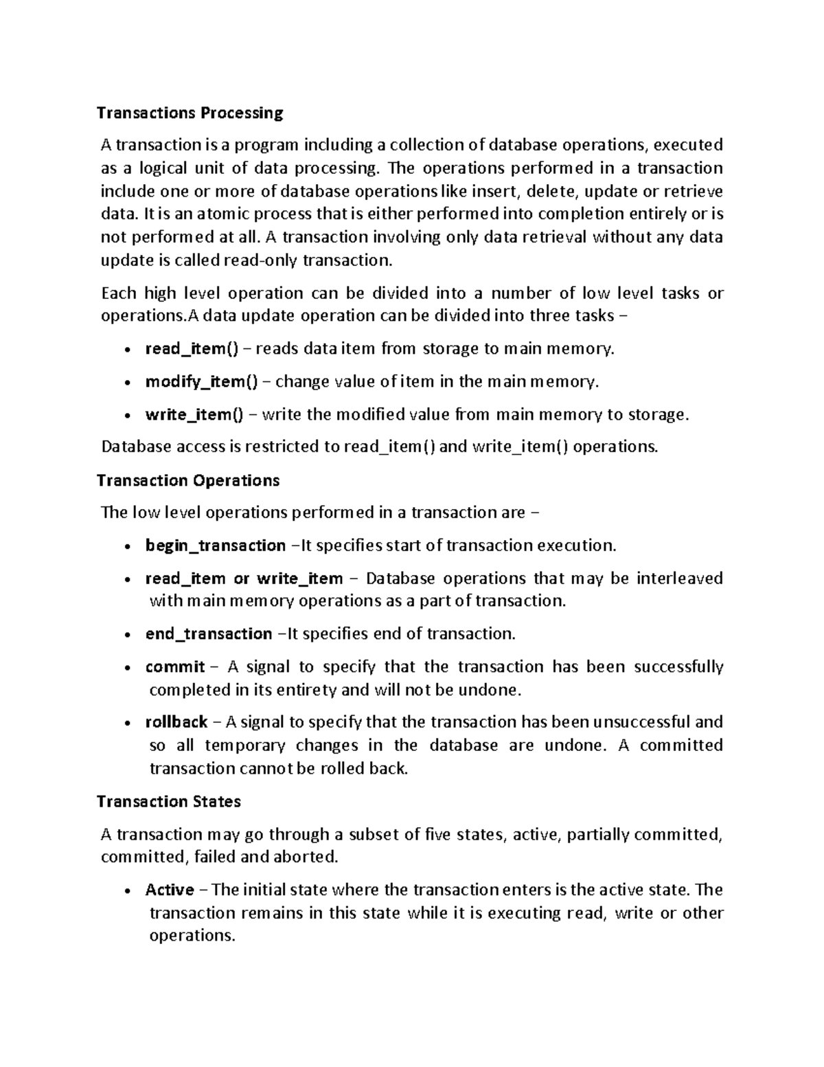Transaction processing - Transactions Processing A transaction is a ...