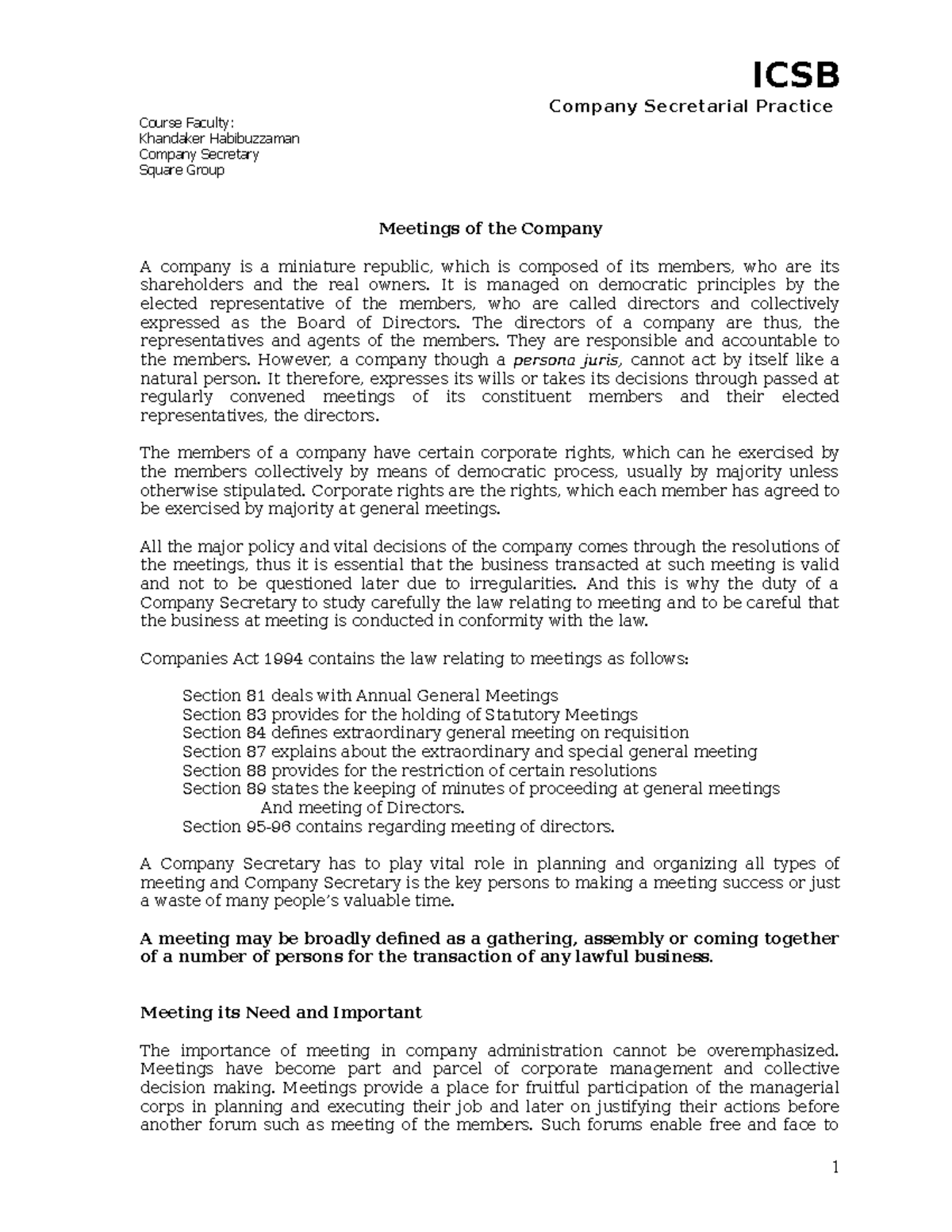 CSP-I-07 Meetings of the Company - ICSB Company Secretarial Practice ...