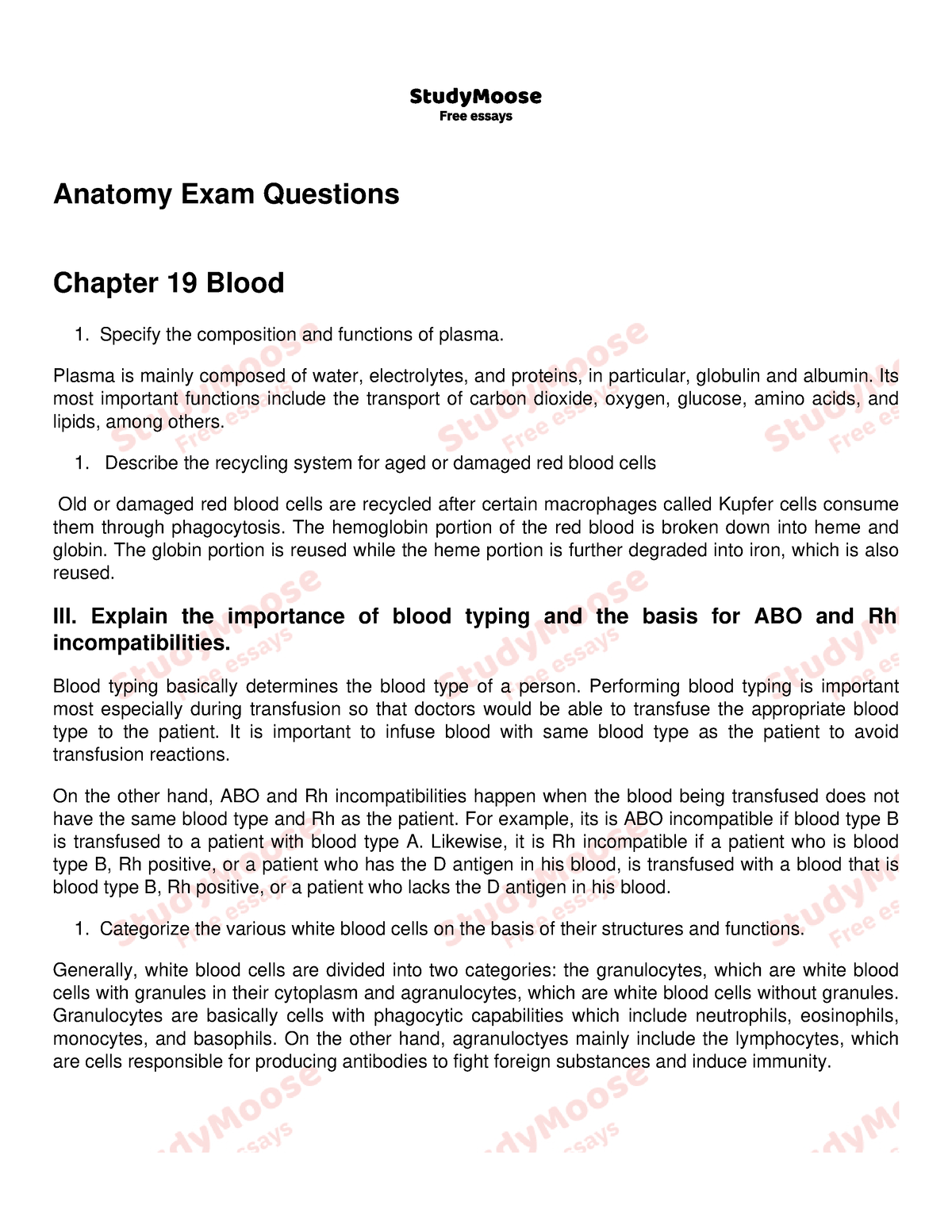 Anatomy Exam Questions - Anatomy Exam Questions Chapter 19 Blood ...