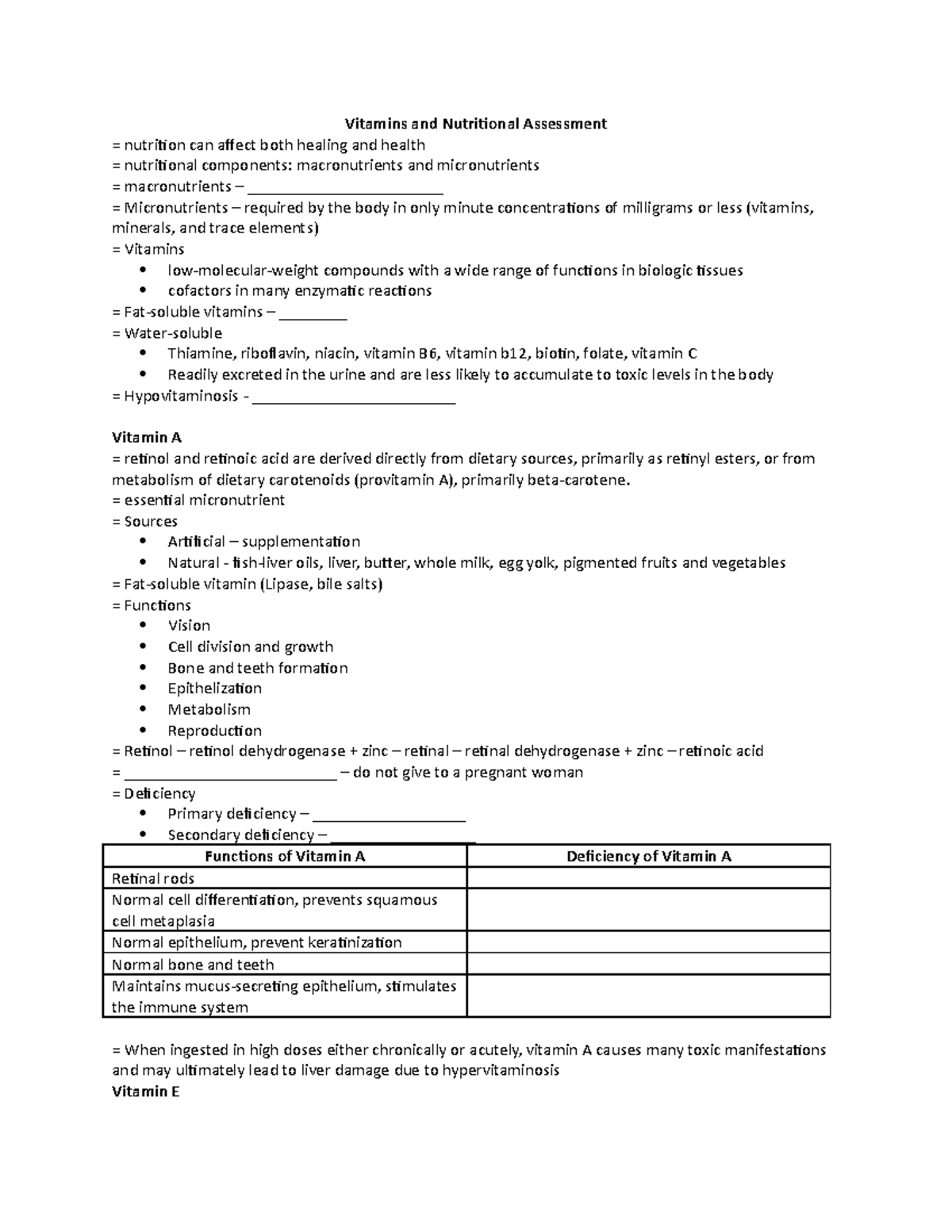 Vitamins PART 1 Handout Vitamins and Nutritional Assessment