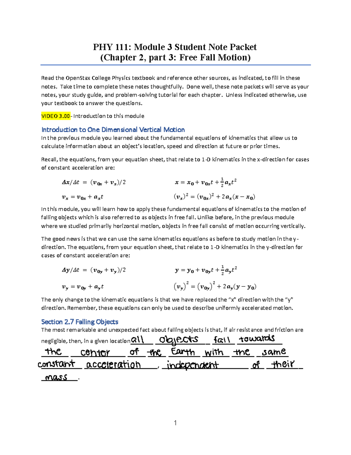 Module+03+Student+Note+Packet-+Chapter+2-+Free+Fall - PHY 111: Module 3 ...
