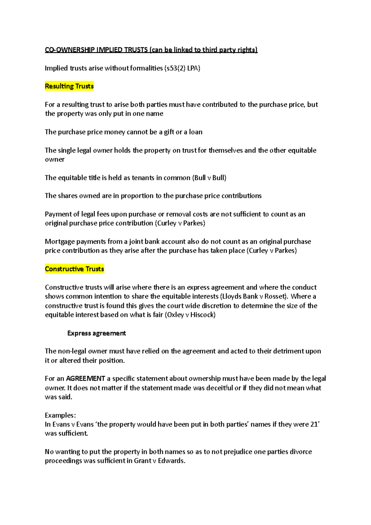 GDL Trusts for land law - CO-OWNERSHIP IMPLIED TRUSTS (can be linked to ...