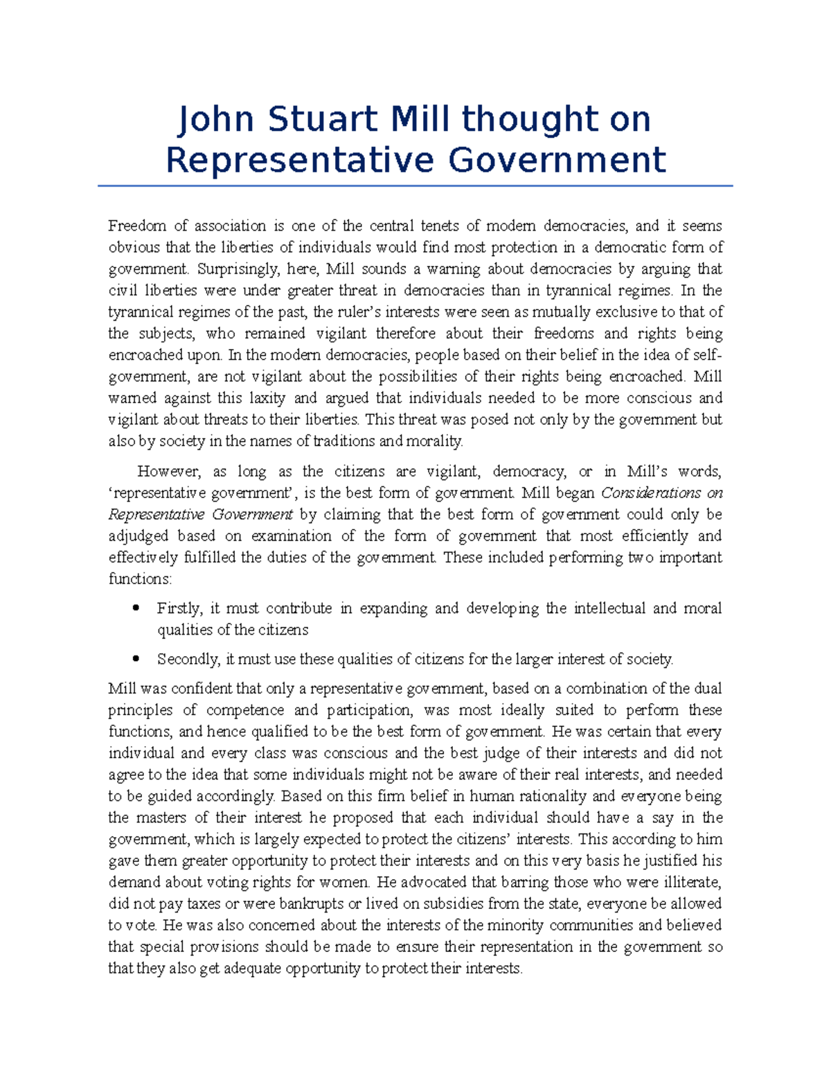 John Stuart Mill thought on Representative Government - John Stuart ...