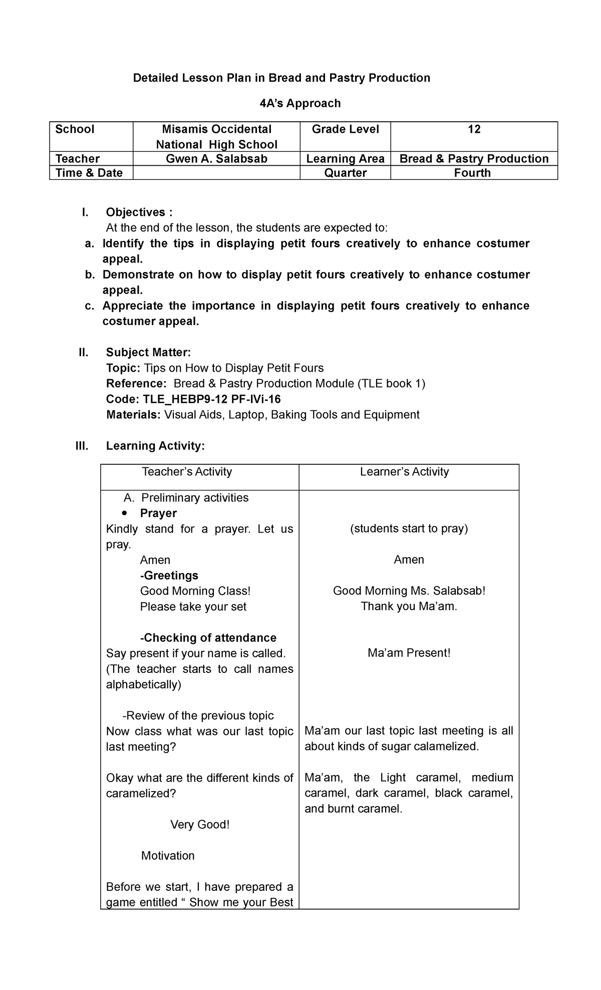 Detailed Lesson Plan in Bread and Pastry Production - Salabsab Learning ...