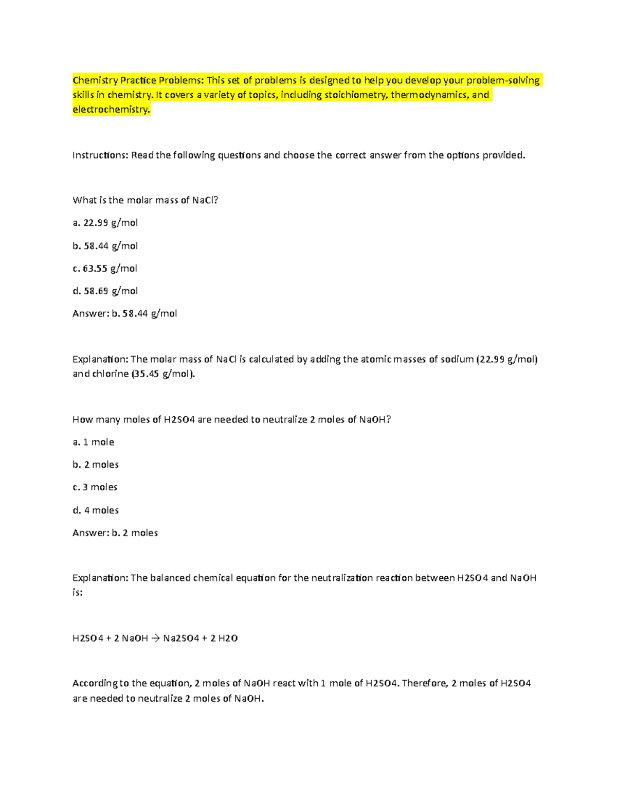 Chemistry Practice Prob 1 - Chemistry Practice Problems: This set of ...