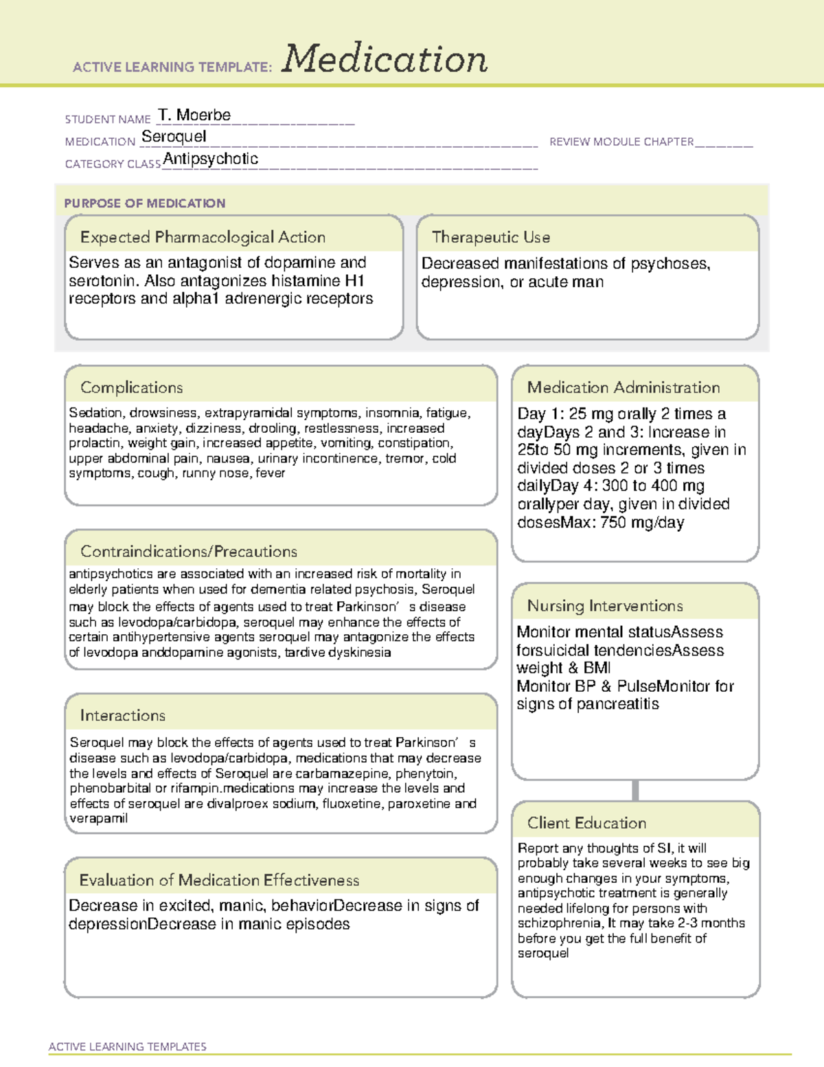 Seroquel - aaa - ACTIVE LEARNING TEMPLATES Medication STUDENT NAME ...