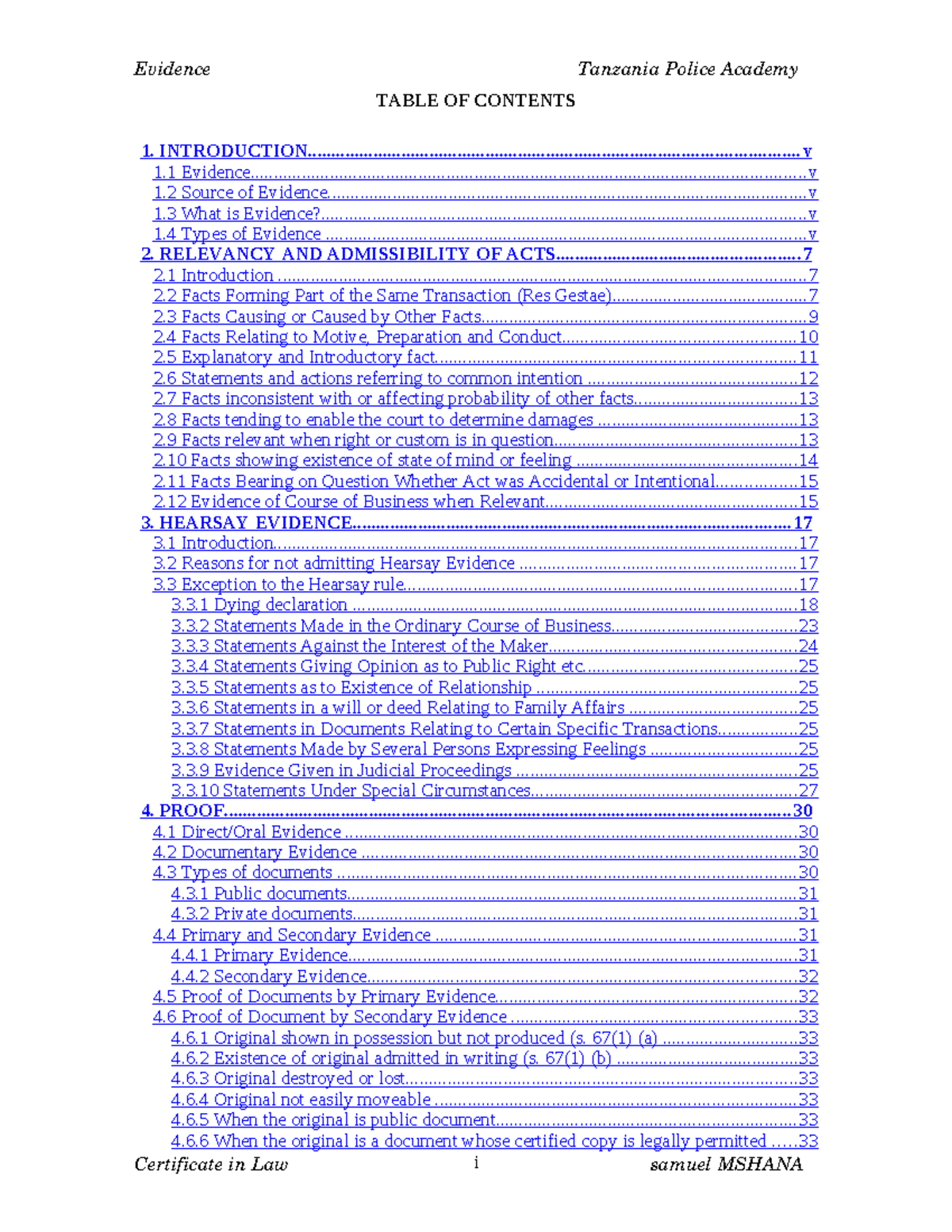 Neccesary Evidence Notes - Evidence Tanzania Police Academy TABLE OF ...