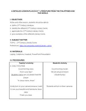 A Detailed Lesson PLAN IN Literature Genre - A DETAILED LESSON PLAN IN ...