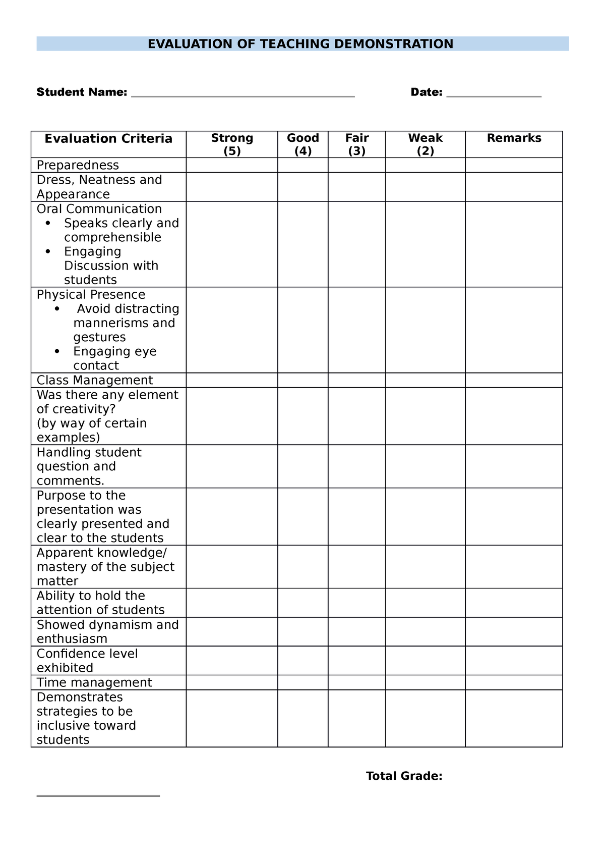 Evaluation OF Teaching Demonstration - EVALUATION OF TEACHING ...