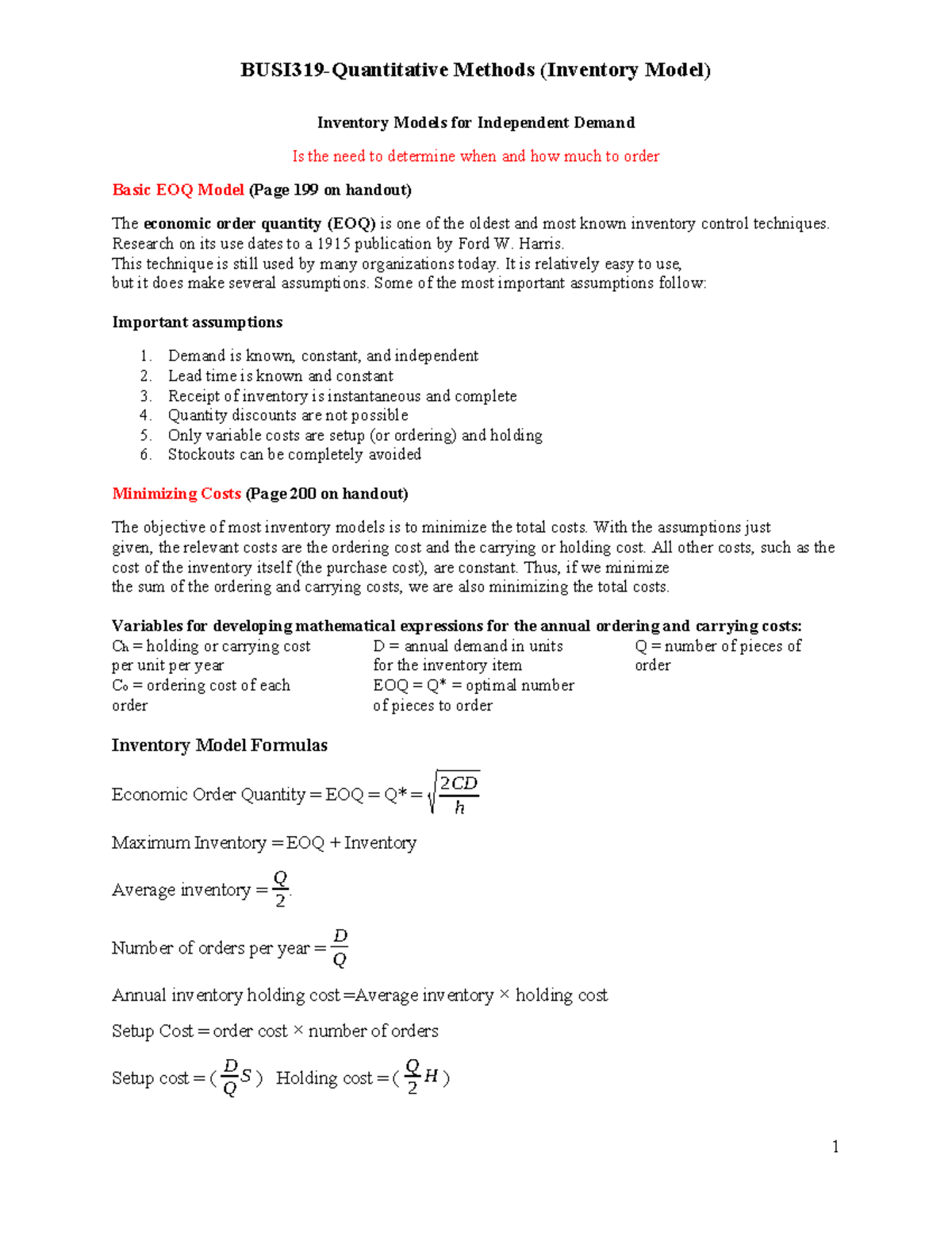 EOQ quetions Inventory Model Lecture Notes - BUSI319-Quantitative ...