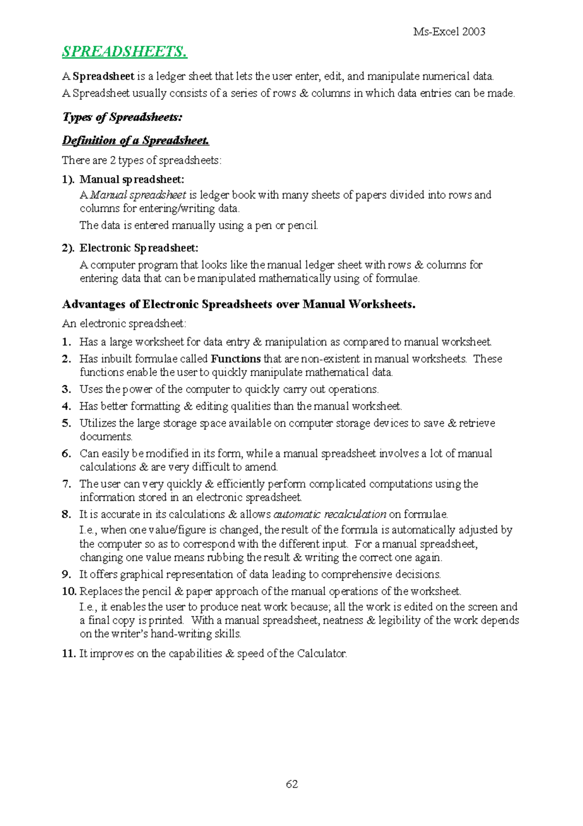 Ms-Excel notes - SPREADSHEETS. A Spreadsheet is a ledger sheet that ...