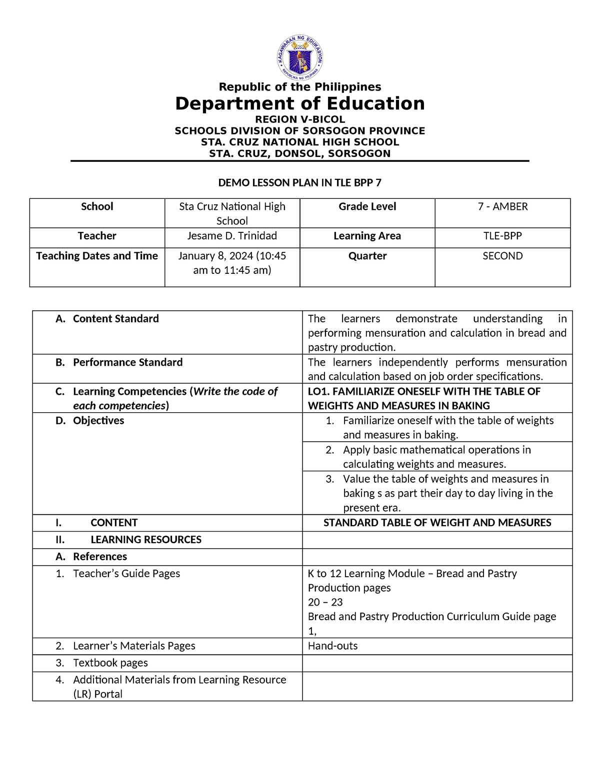 COT-BPP table weight and measure - Department of Education REGION V ...