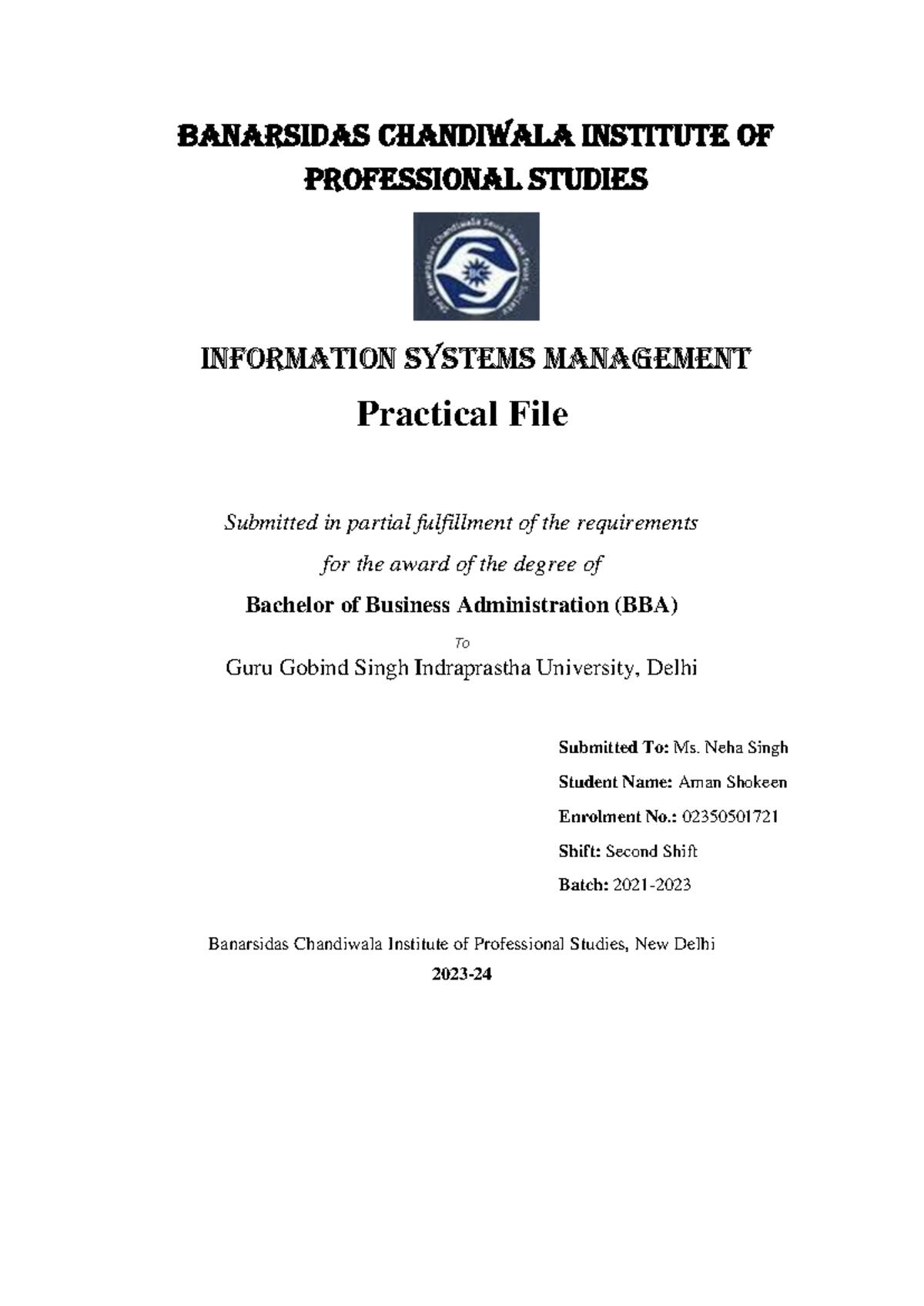 Aman ISM FILE - BANARSIDAS CHANDIWALA INSTITUTE OF PROFESSIONAL STUDIES ...