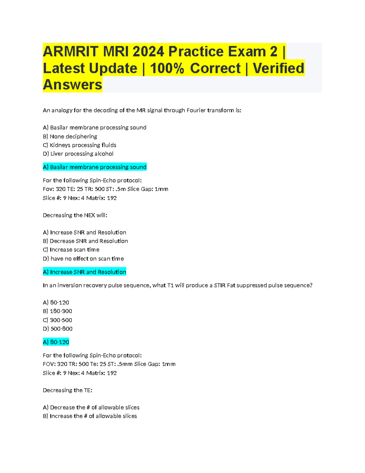 MRI Armrit 2022 Practice Test 2 ARMRIT MRI 2024 Practice Exam 2