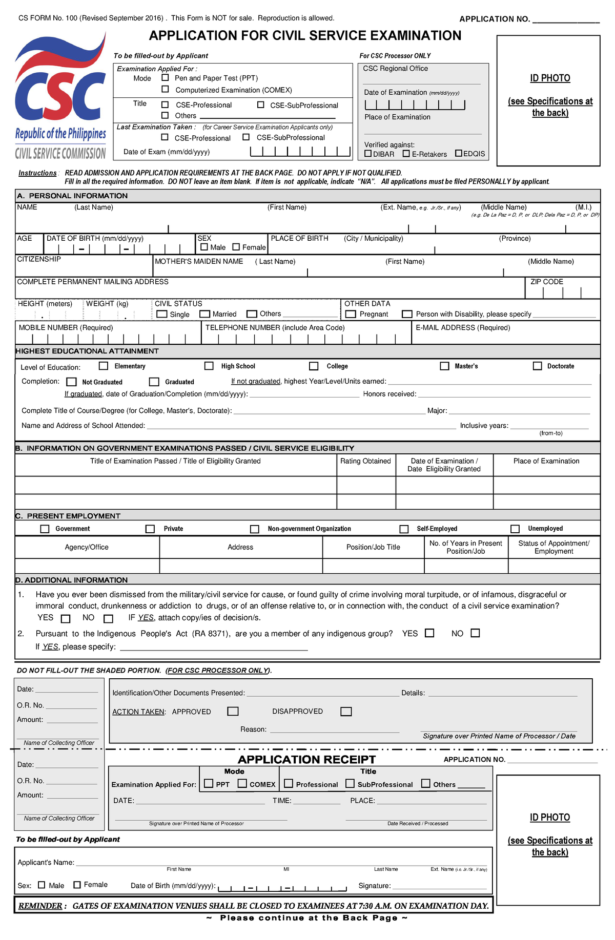 Civil Service Examination Form No - APPLICATION†FOR†CIVIL†SERVICE ...