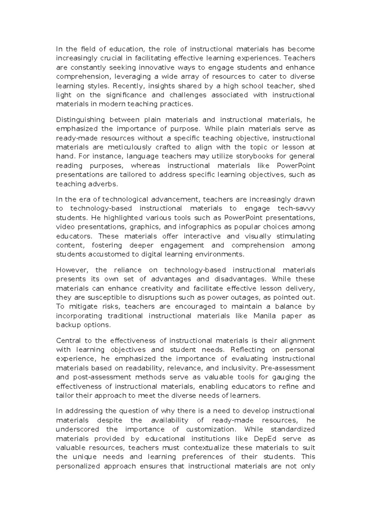 Importance of Instructional Material - In the field of education, the ...