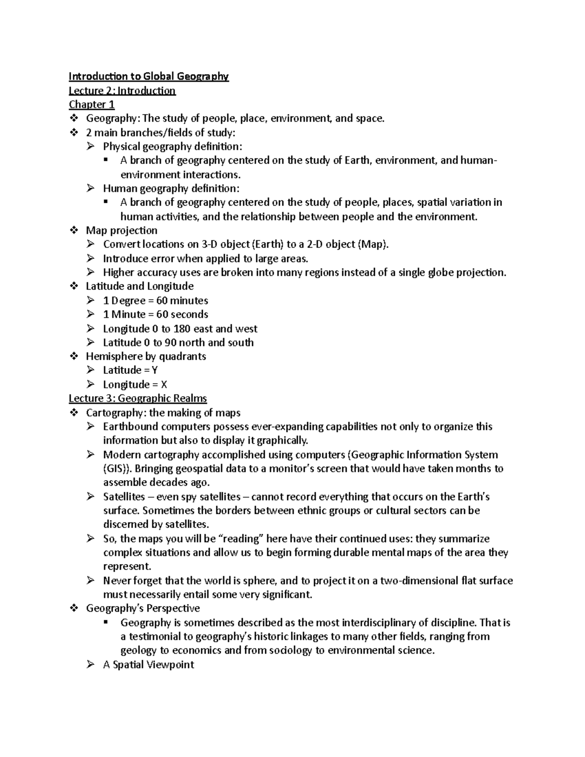 Ch. 1-3 Outline - Introduction to Global Geography Lecture 2 ...