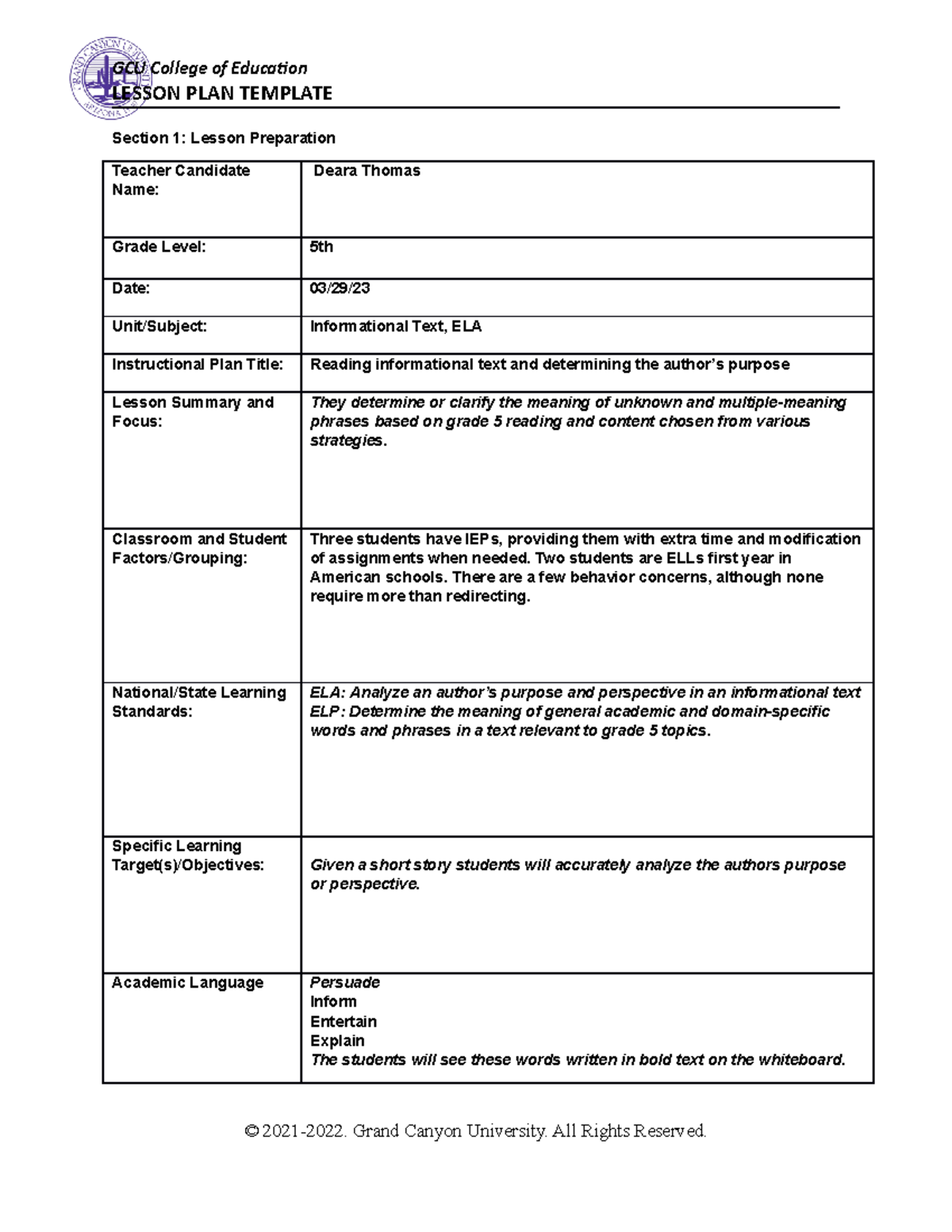 Lesson planning for english language learners - LESSON PLAN TEMPLATE ...