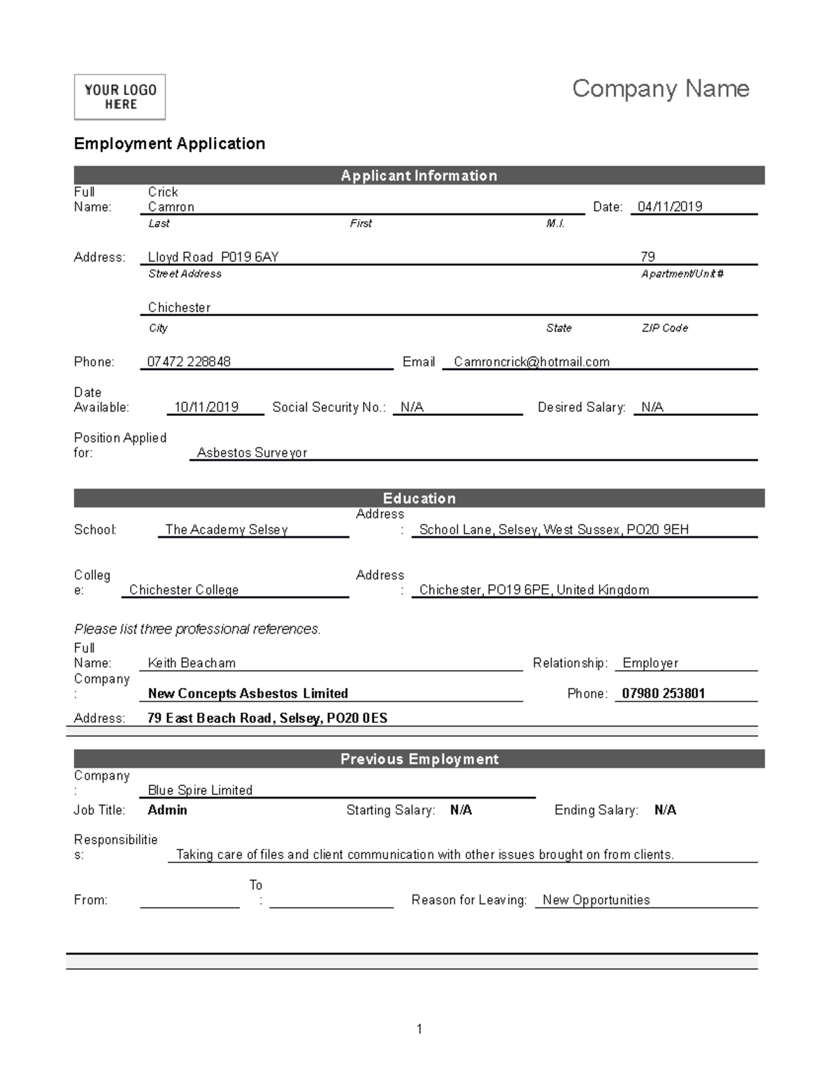 Employment Application Form - Company Name Employment Application ...