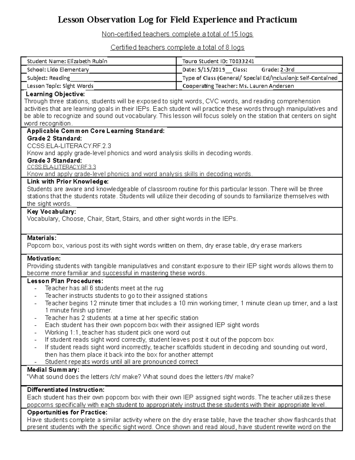 SEDN 695 Lesson Observation Log 1 - Lesson Observation Log for Field ...