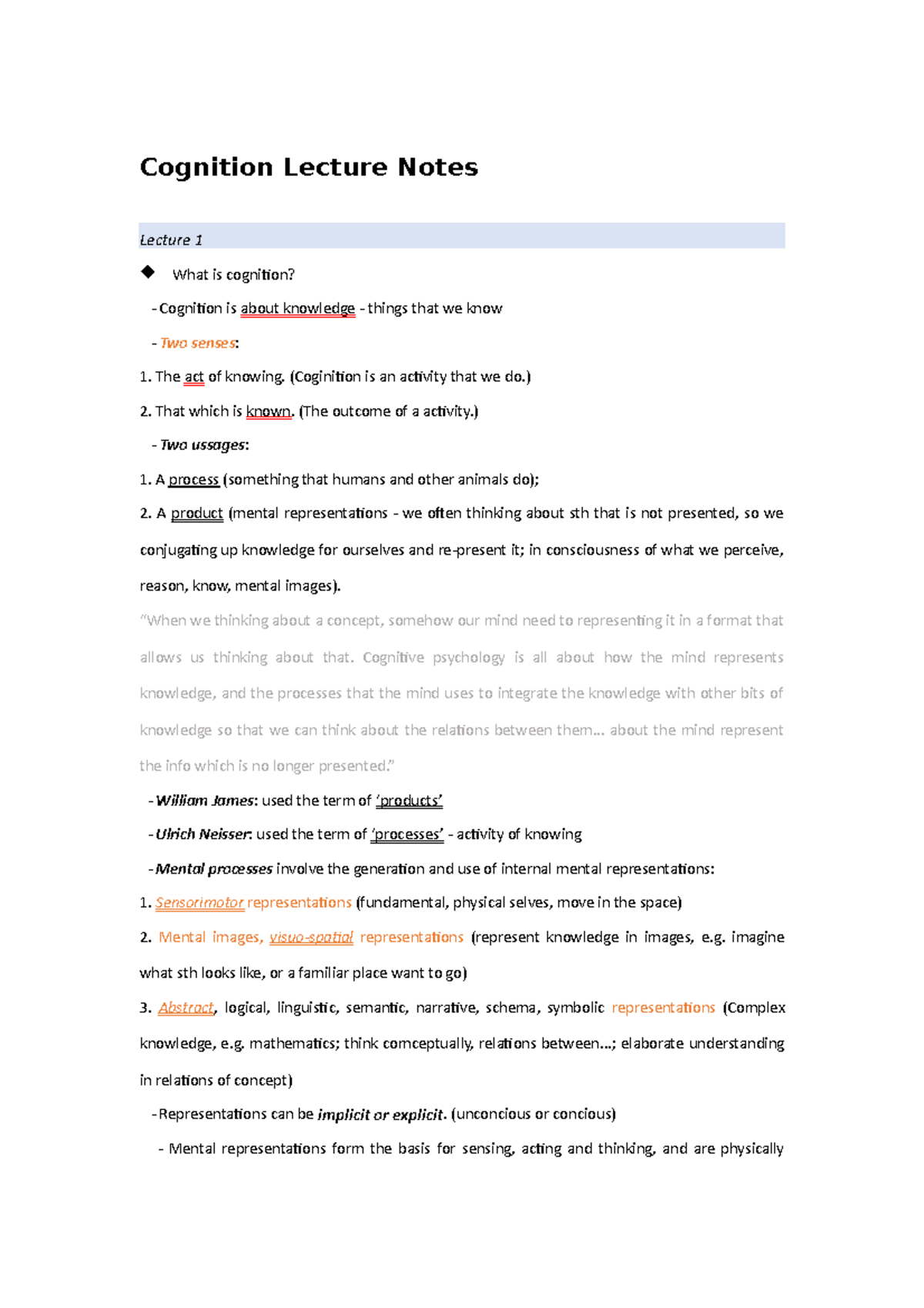 Cognition Lecture Notes - The act of knowing. (Coginition is an ...