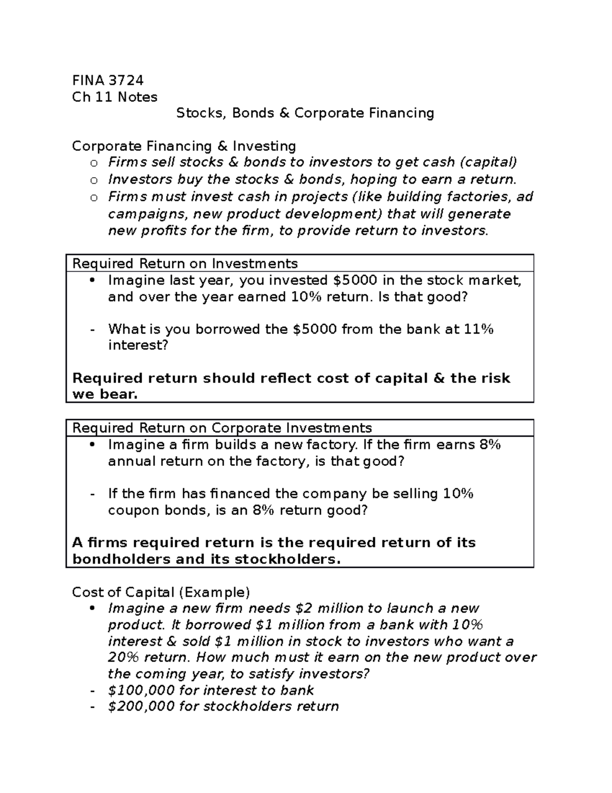 FINA. Ch 11 notes - FINA 3724 Ch 11 Notes Stocks, Bonds & Corporate ...