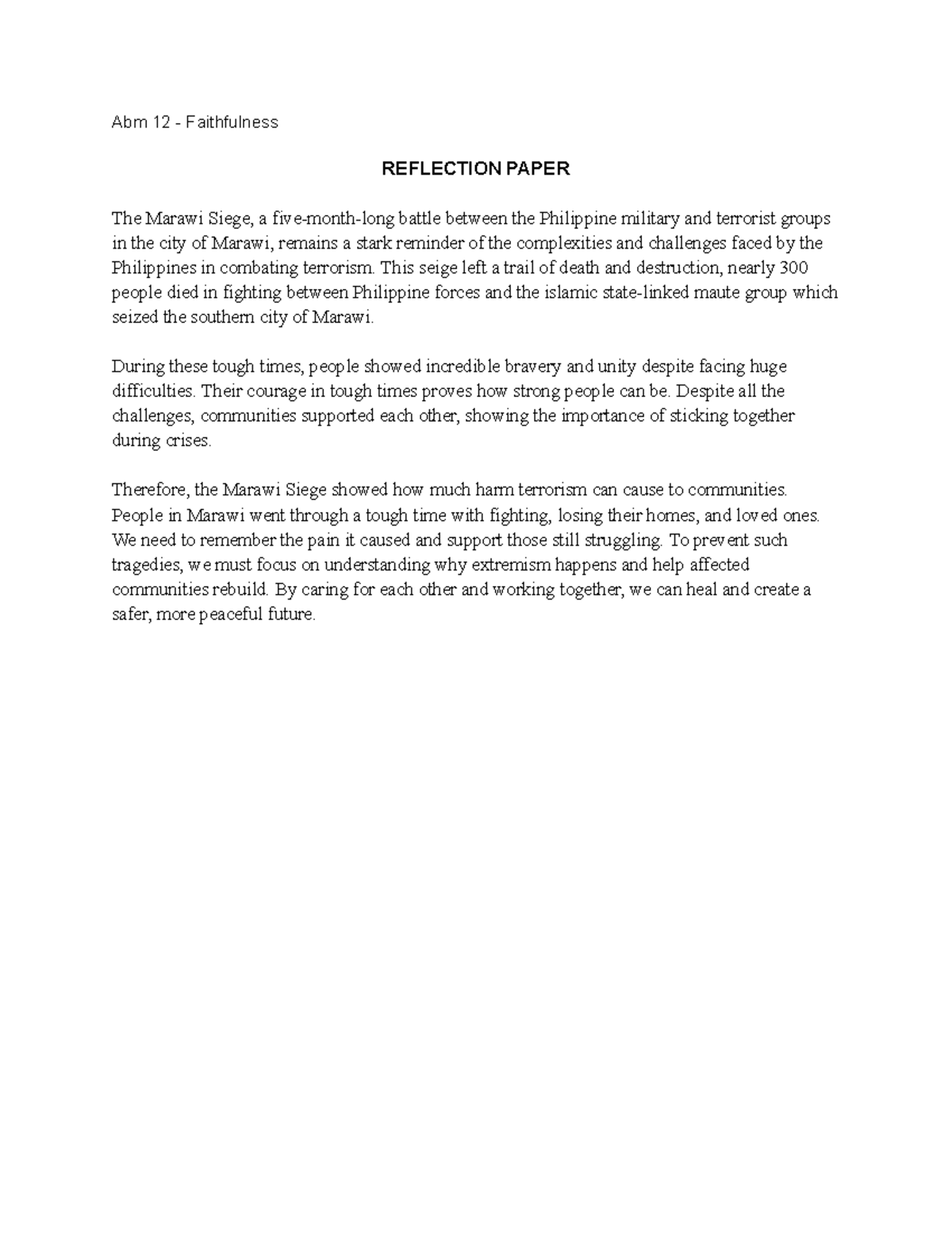 Cl reflection - essay - Abm 12 - Faithfulness REFLECTION PAPER The ...