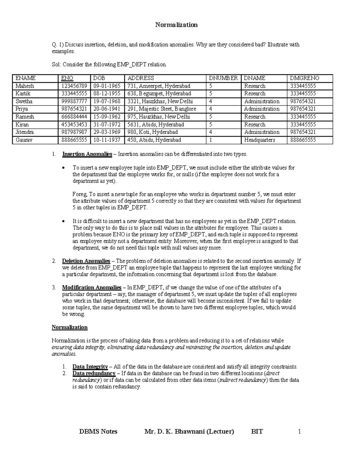 Microsoft Word - Normalization - Q. 1) Discuss insertion, deletion, and ...