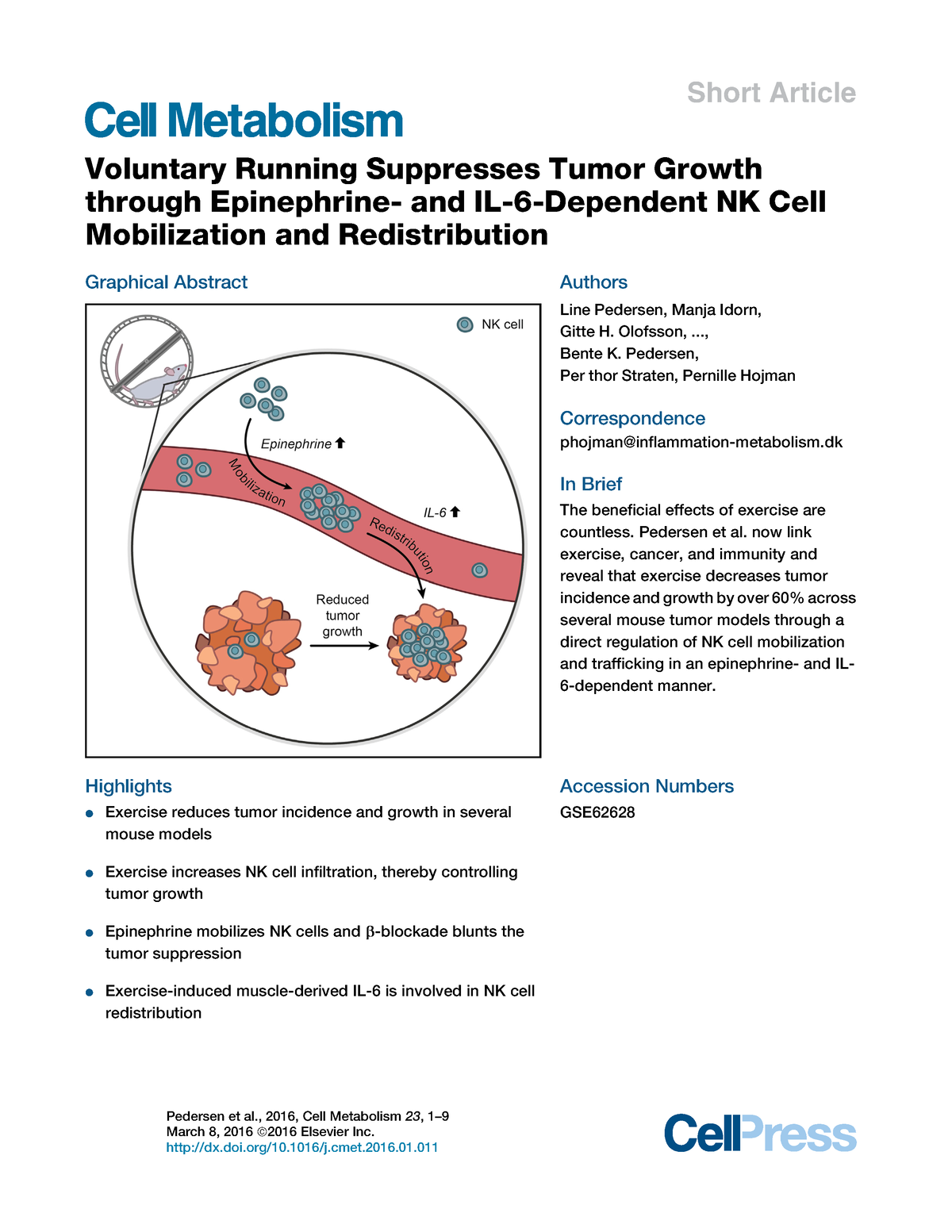 Voluntary Running Suppresses Tumor Growth pedersen 2016 ...