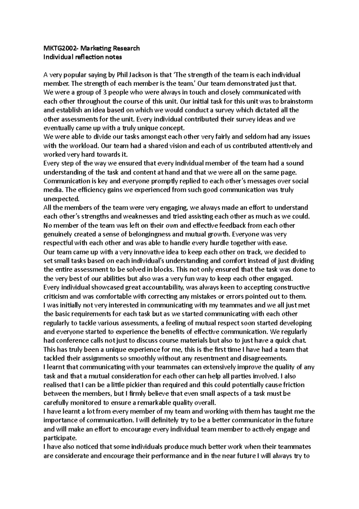 Team Reflection - MKTG2002- Marketing Research Individual reflection ...
