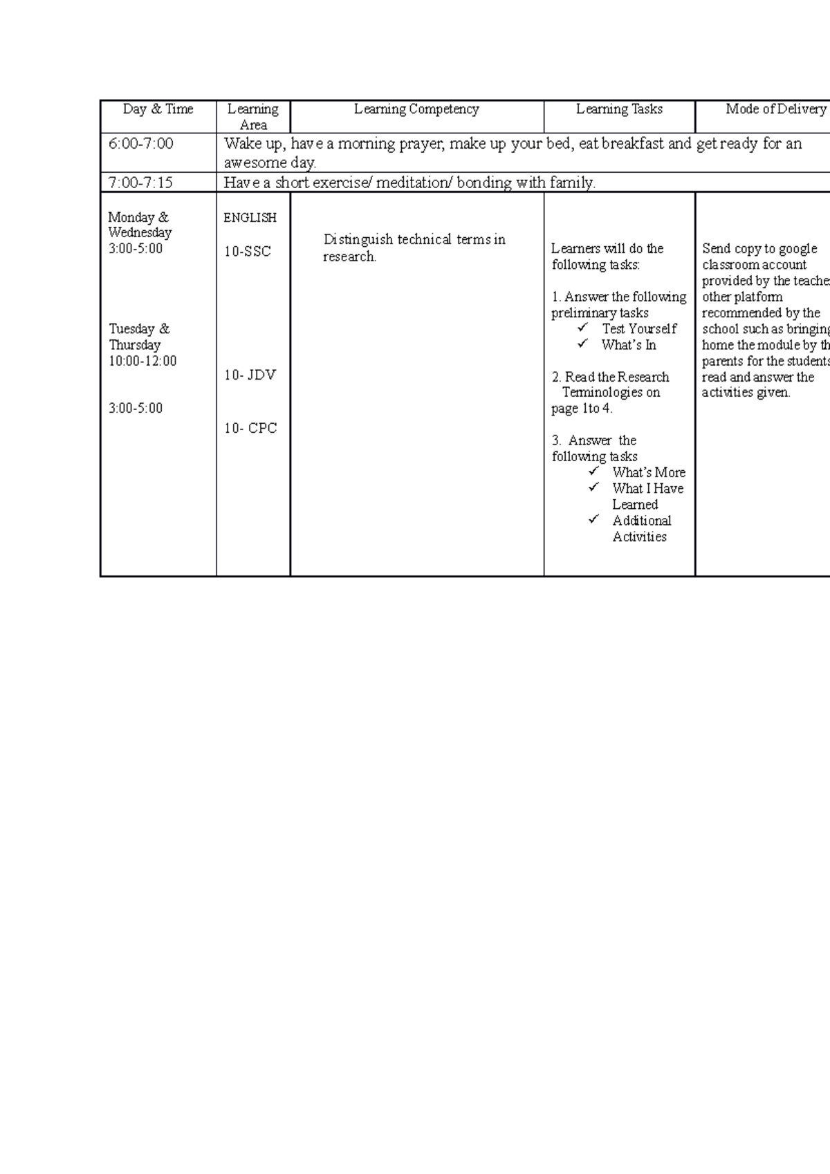 WHLP-Q4-Module-1-W1-wk sample - Day & Time Learning Area Learning ...