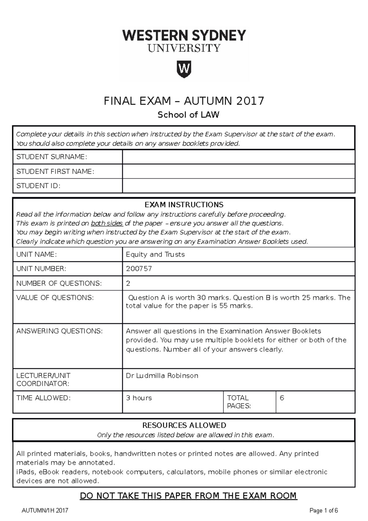 FINAL Exam Autumn 2017, questions - FINAL EXAM – AUTUMN 2017 School of ...