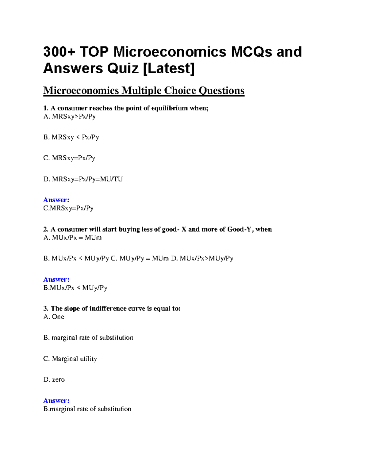 Mcq sheet 1 - nots - 3 00+ TOP Microeconomics MCQs and Answers Quiz ...