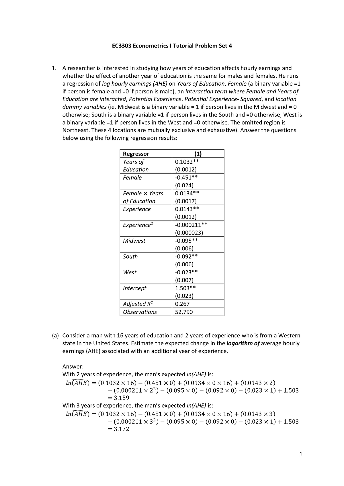 Tutorial 4 Problem Set With Suggested Answers - EC3303 Econometrics I ...