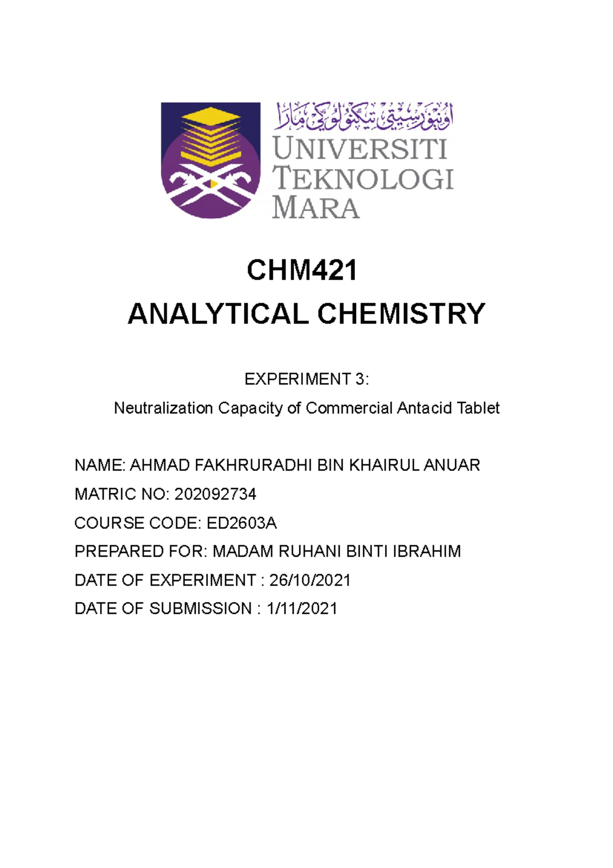 CHM421 Exp 3 - Analytical Chemistry - UiTM - Studocu